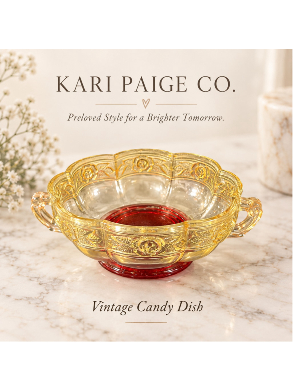 Vintage Jeannette Glass Aztec Rose Amberina Candy Dish Red Amber Double Handle M